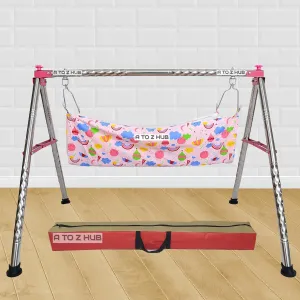 A TO Z HUB Baby Swing Cradle: Portable Folding Jhula/Ghodiyu/with Free Cotton Hammock - Create a Soothing Oasis for Your Precious Little One (Pink)