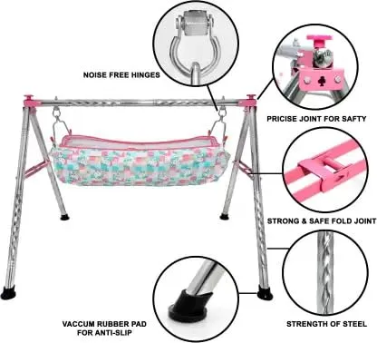 A TO Z HUB Baby Swing Cradle: Portable Folding Jhula/Ghodiyu/with Free Cotton Hammock - Create a Soothing Oasis for Your Precious Little One (Pink)