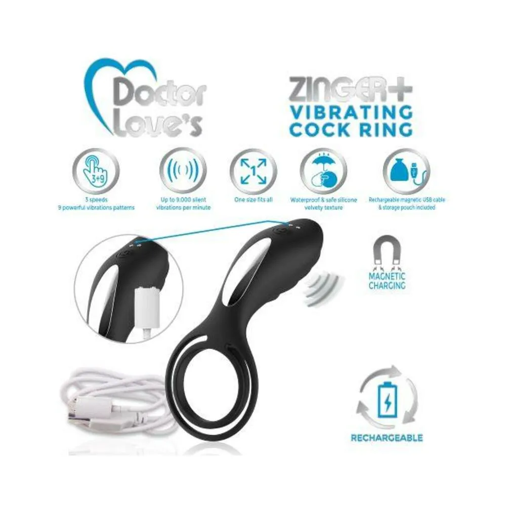 DOCTOR LOVE ZINGER  VIBRATING RECHARGEABLE COCK RING W/ REMOTE BLACK