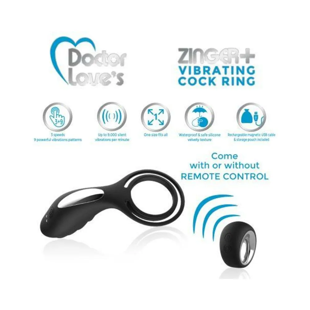 DOCTOR LOVE ZINGER  VIBRATING RECHARGEABLE COCK RING W/ REMOTE BLACK