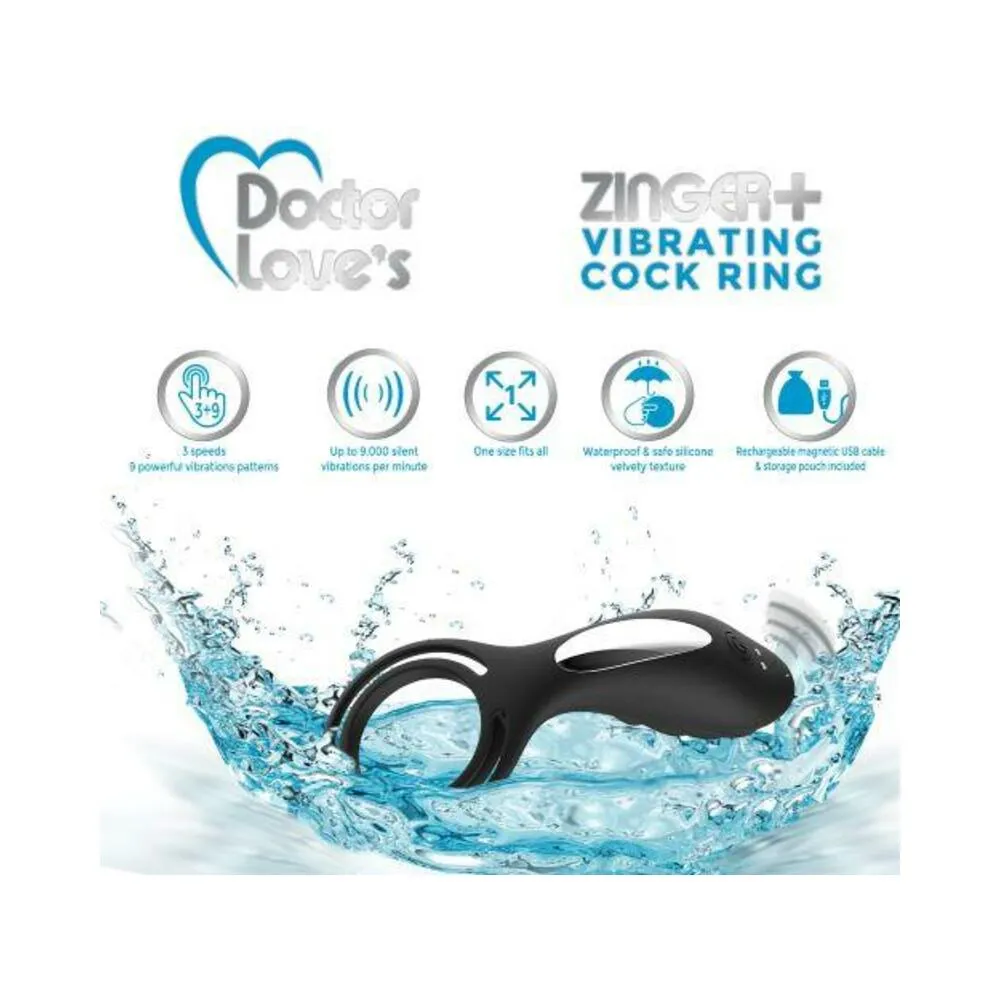 DOCTOR LOVE ZINGER  VIBRATING RECHARGEABLE COCK RING W/ REMOTE BLACK