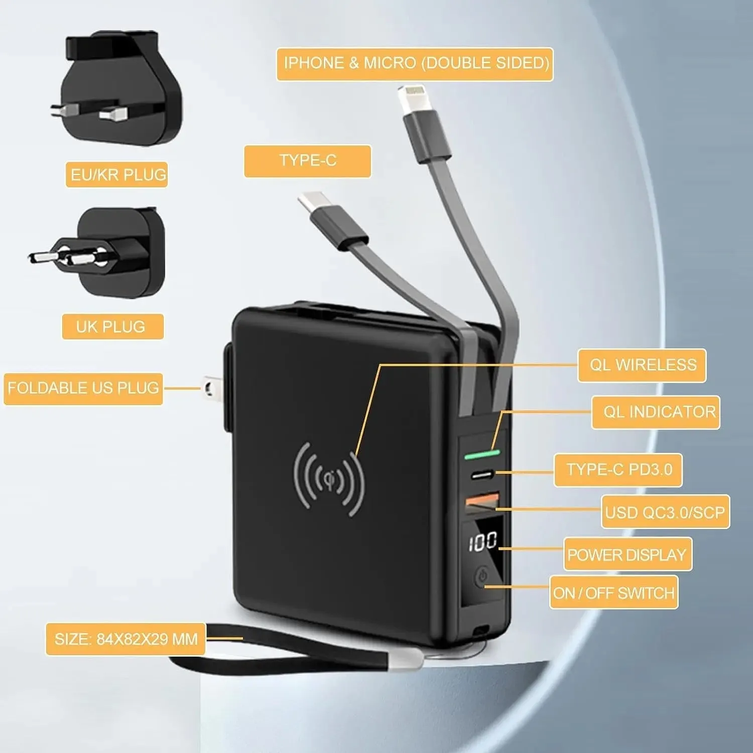 TUTT 4 in 1 Universal Travel Adapter 10000mah Power Bank | 3 Global Plugs Kit | Wireless Charging | 30W Type-C | 3 in 1 Multi Charging Cable | Carrying Bag EU,UK,USA,AUSTRALIA