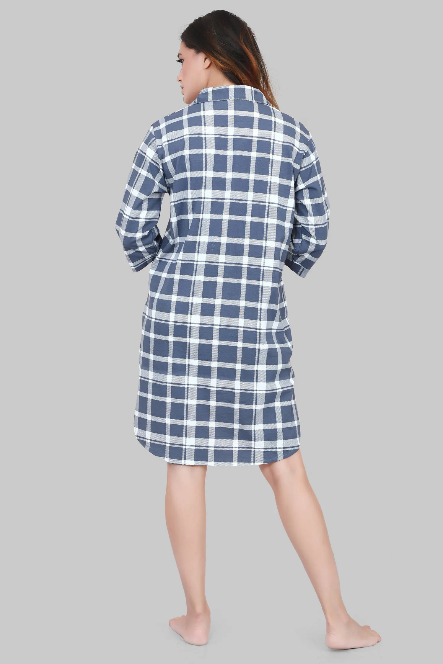Velure Blue & White Checked Casual Short Night Shirt