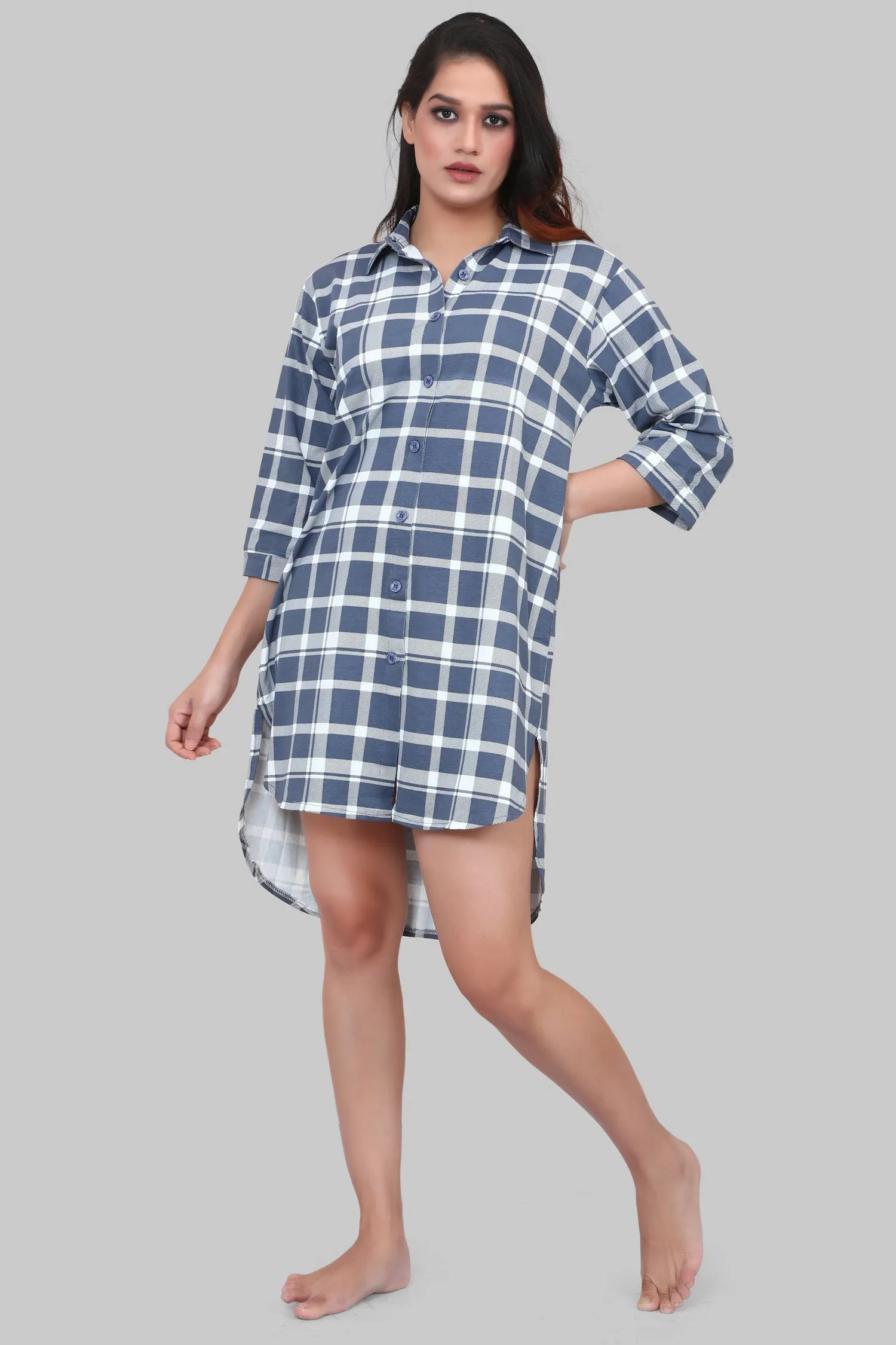 Velure Blue & White Checked Casual Short Night Shirt