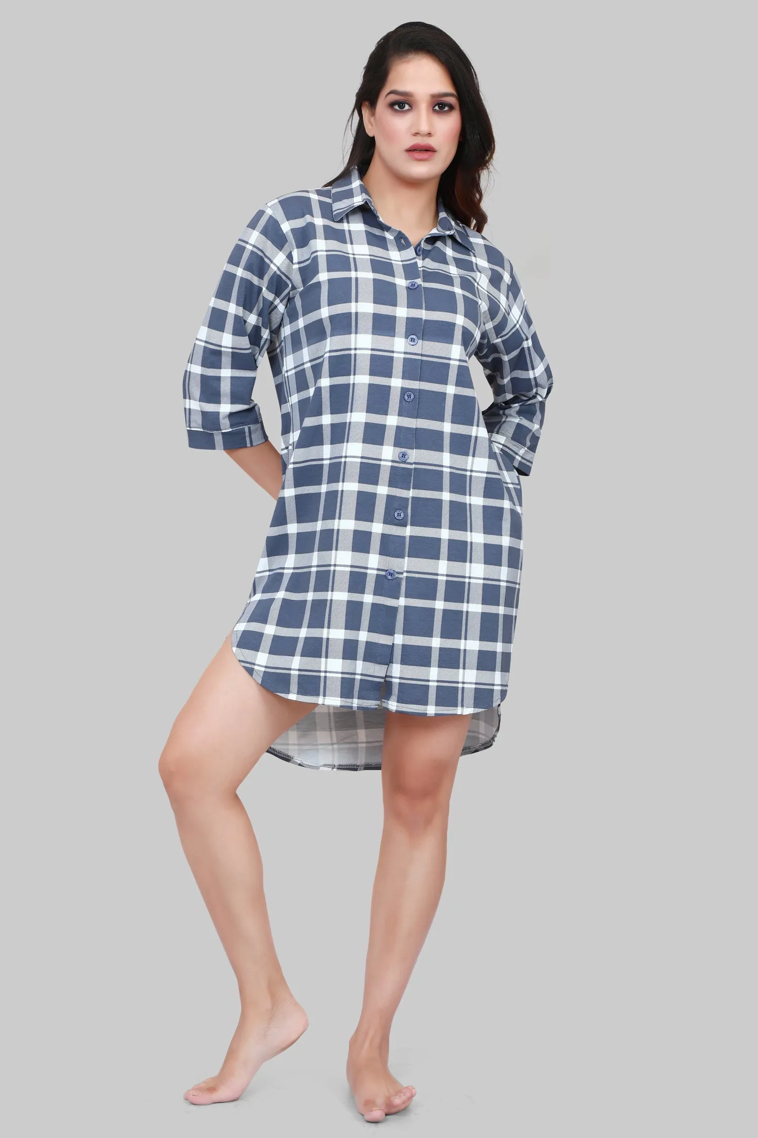 Velure Blue & White Checked Casual Short Night Shirt