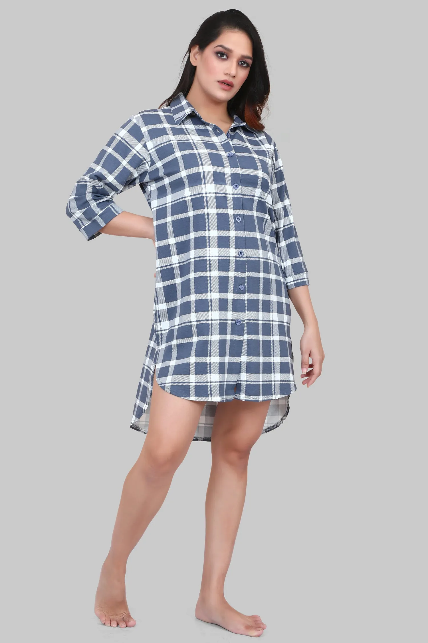 Velure Blue & White Checked Casual Short Night Shirt