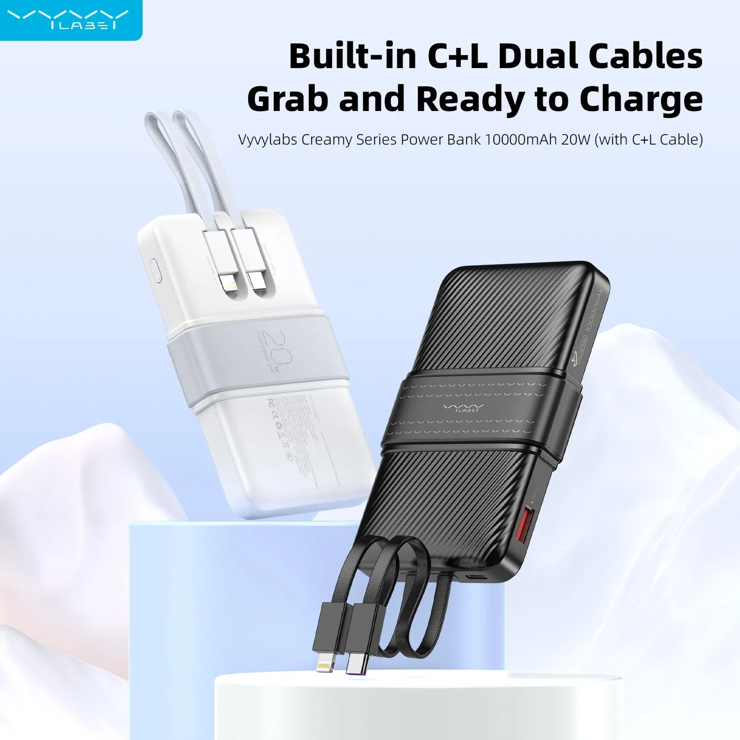Vyvylabs Creamy Power Bank 10000mAh 20W With Dual Cable C L - Black