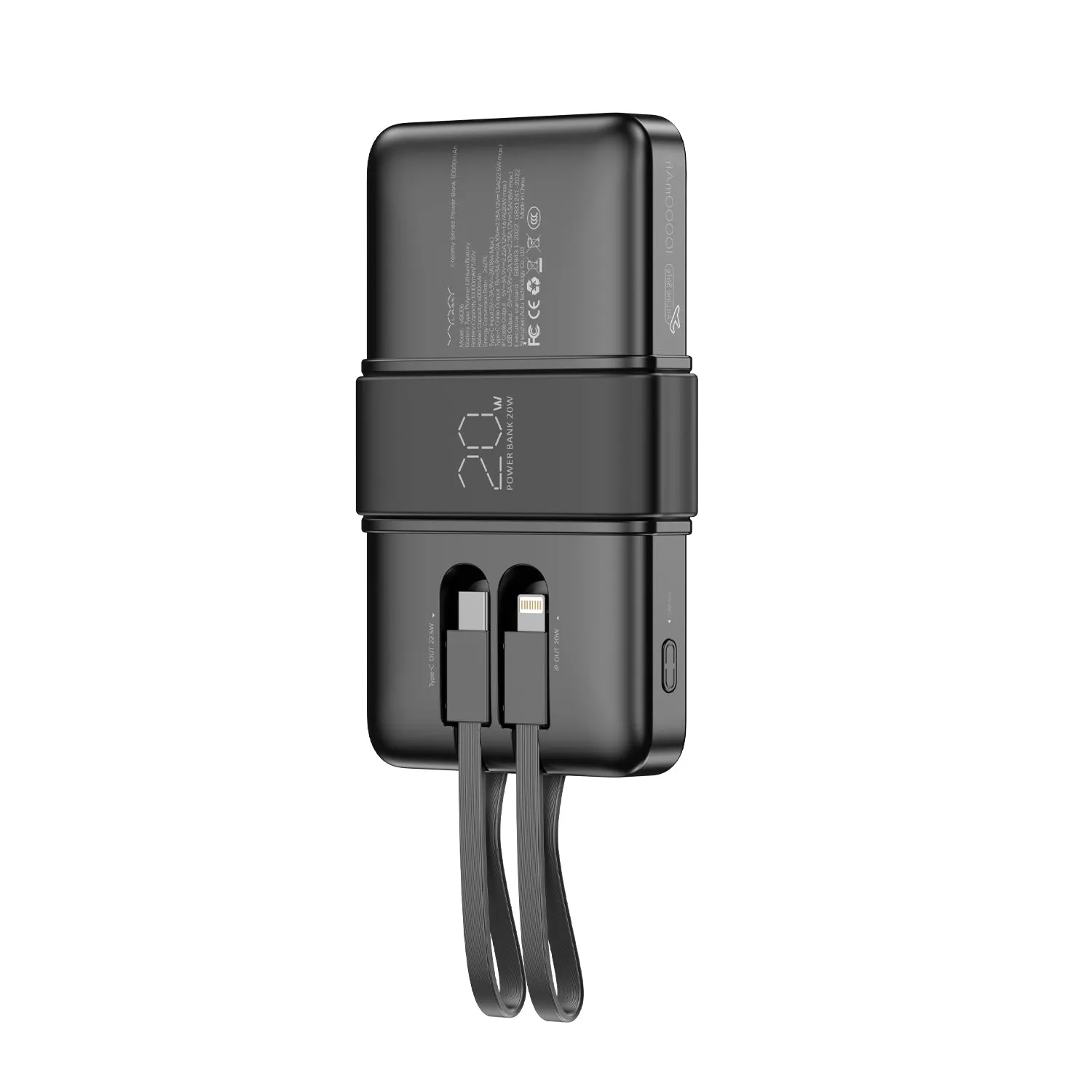 Vyvylabs Creamy Power Bank 10000mAh 20W With Dual Cable C L - Black